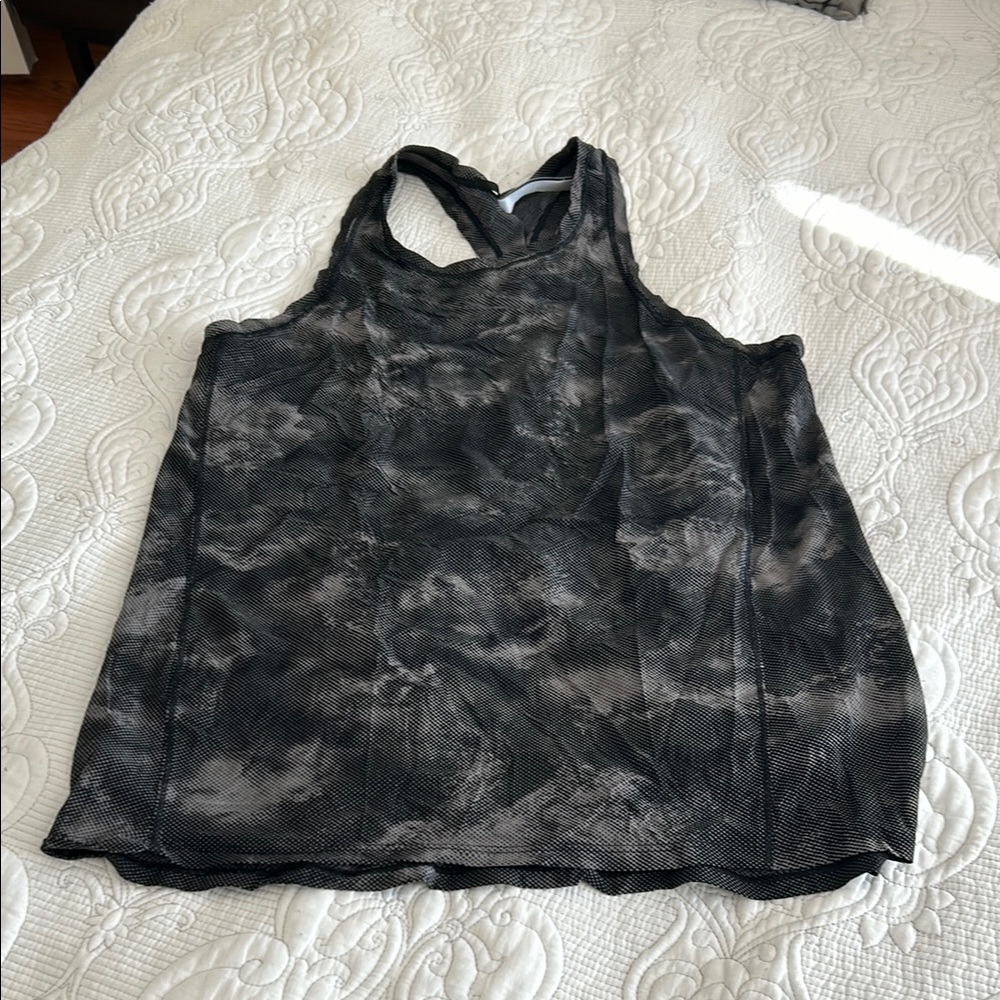 Athleta grey and black tank top with rounded neckline
